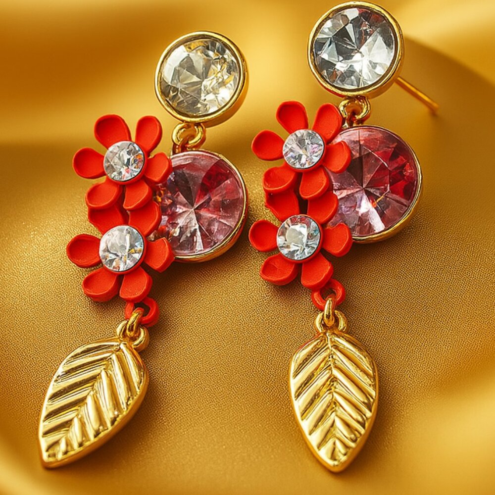 Red Floral & Gold Leaf Drop Earrings – Nature-Inspired Statement Jewelry - 2"